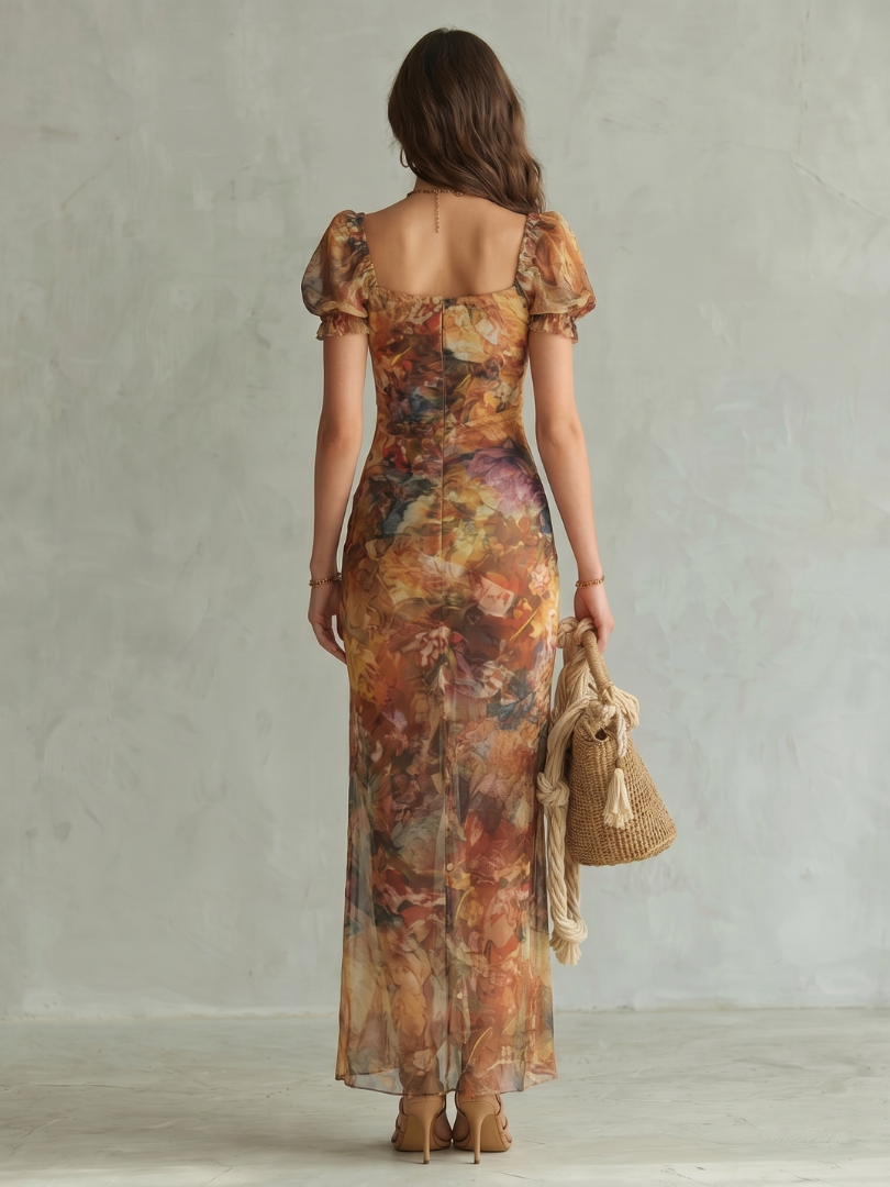 Sárnait | Ruffled Sleeve Ruched Slit Midi Dress