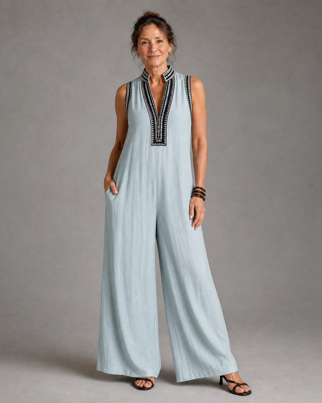 Fionnsech | Embroidered V-Neck Wide-Leg Jumpsuit
