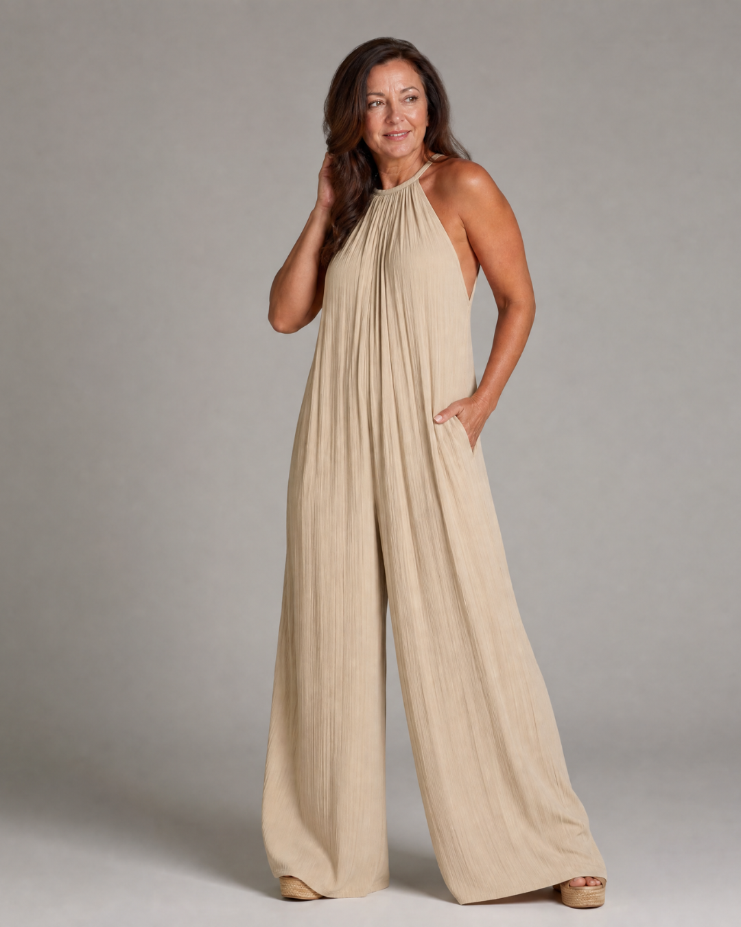 Ríonnat | Pleated Halter Wide-Leg Jumpsuit