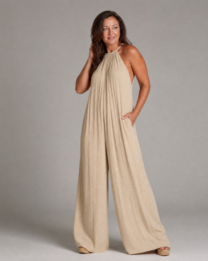 Ríonnat | Pleated Halter Wide-Leg Jumpsuit