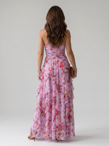 Rós | Halter Neck Ruched Bodice Floral Maxi Dress