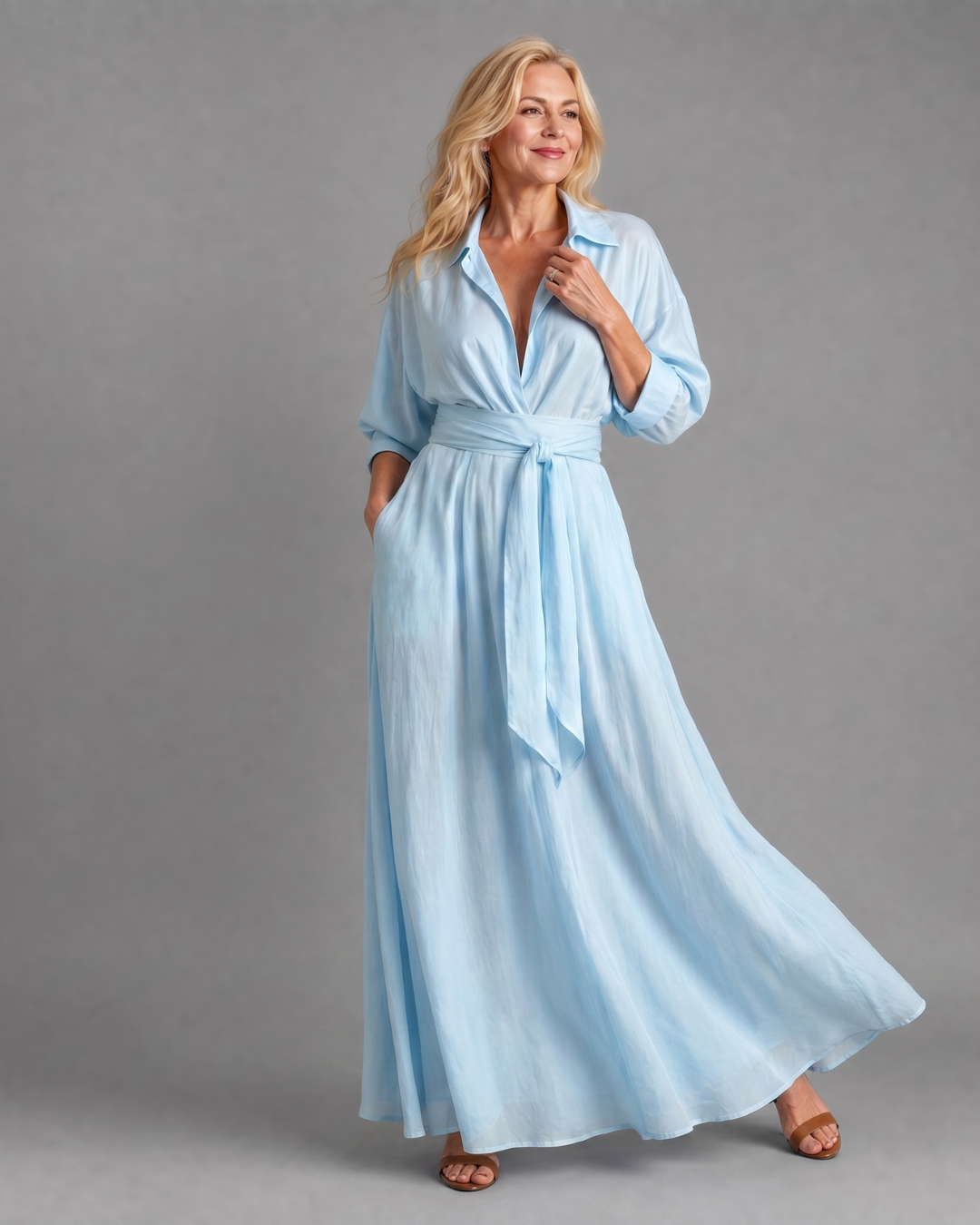 Treise | Belted Collared Long-Sleeve Midi Dress