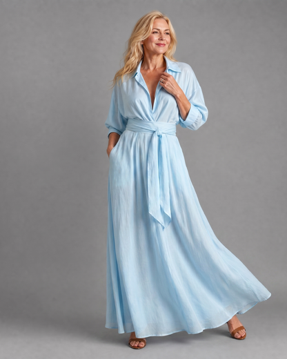 Treise | Belted Collared Long-Sleeve Midi Dress