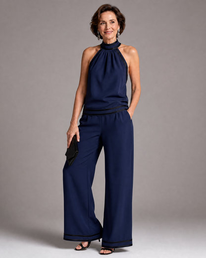 Aoibhlinn | Contrast-Trim Halter Wide-Leg Jumpsuit
