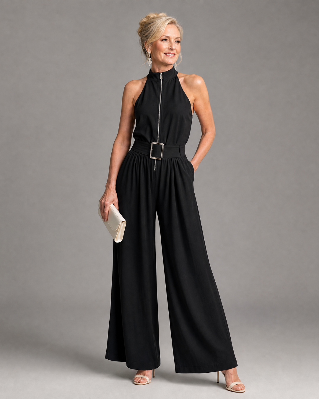 Tórnait | Belted High-Neck Wide-Leg Jumpsuit