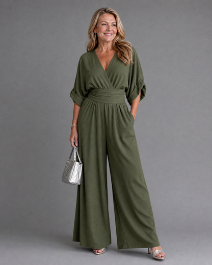 Sárlaith | Draped V-Neck Wide-Leg Jumpsuit