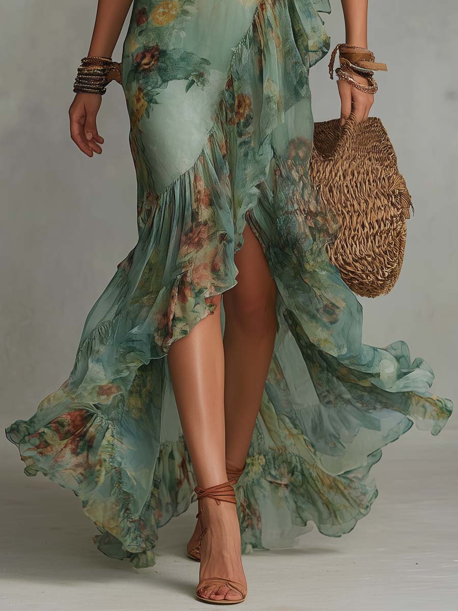 Becfola | Boho Floral Maxi Dress with Asymmetric Hem