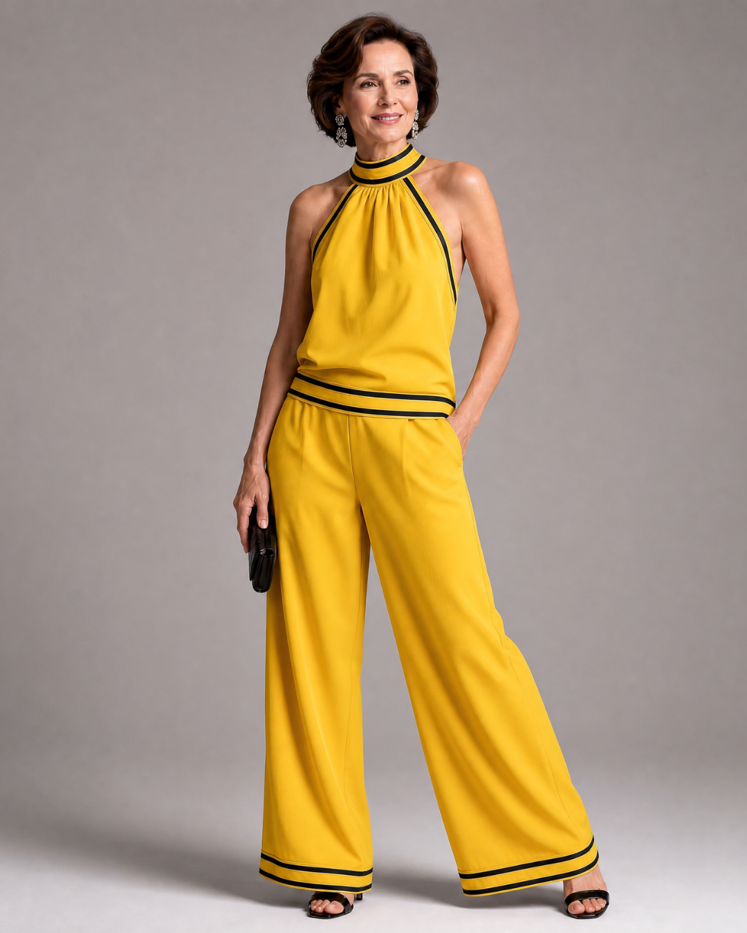 Aoibhlinn | Contrast-Trim Halter Wide-Leg Jumpsuit