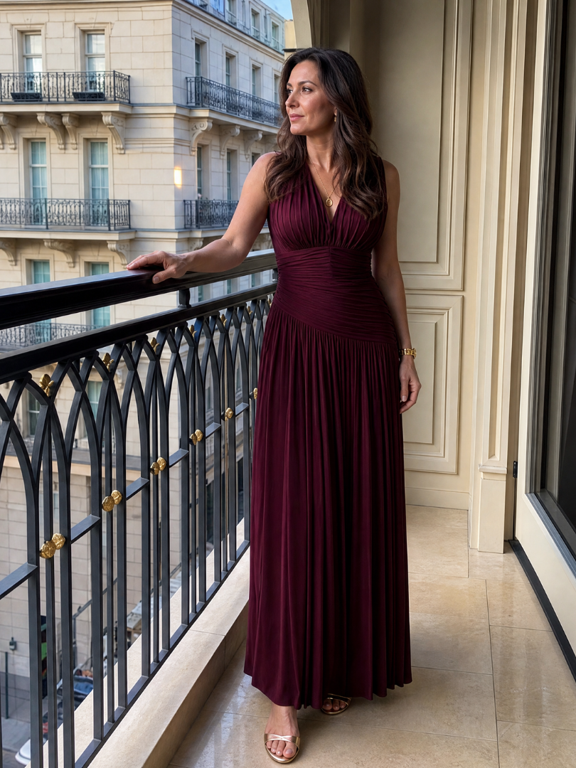 Blinne | Sleeveless Pleated V Neck Midi Dress
