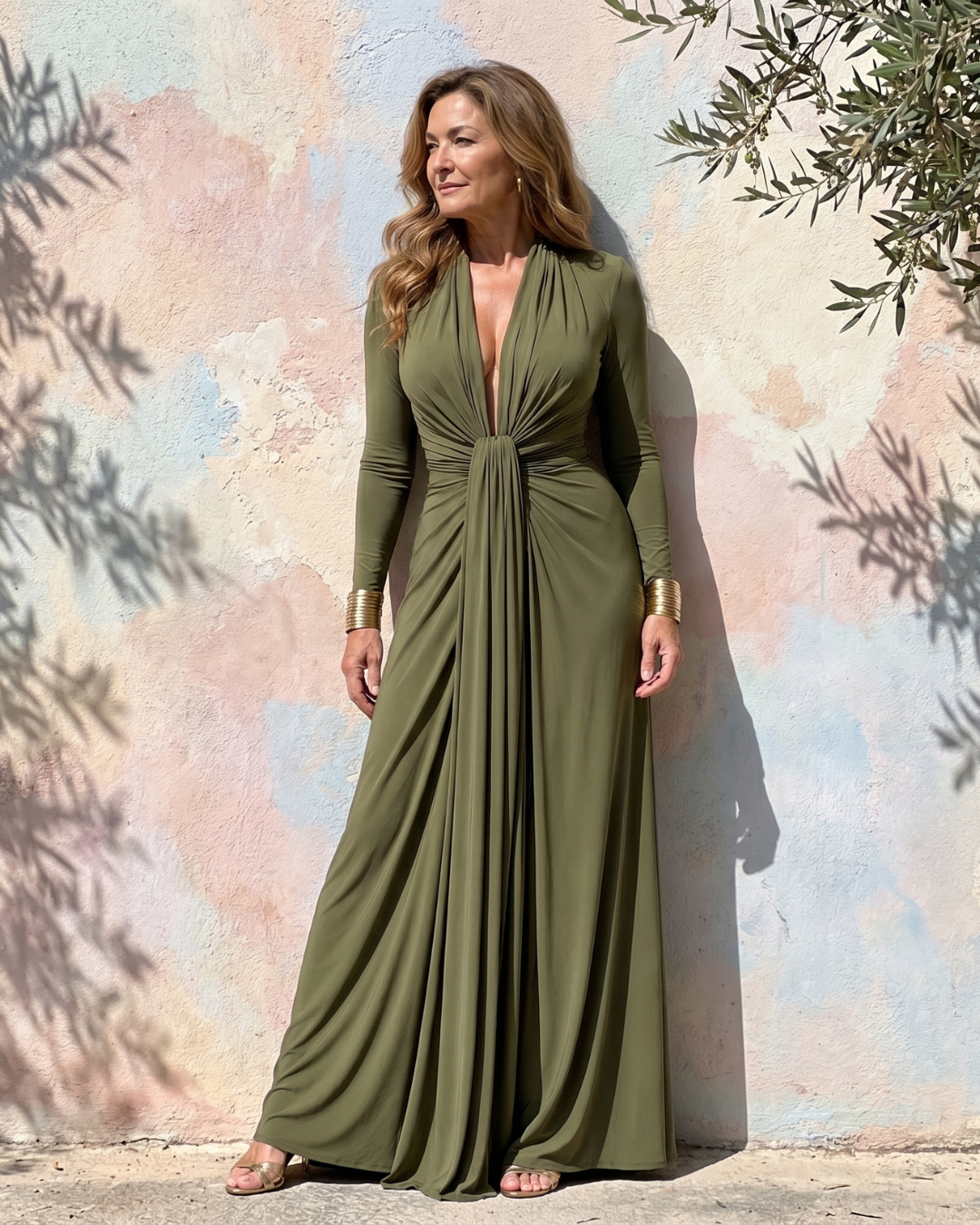 Caragh | Draped V-Neck Long-Sleeve Maxi Dress