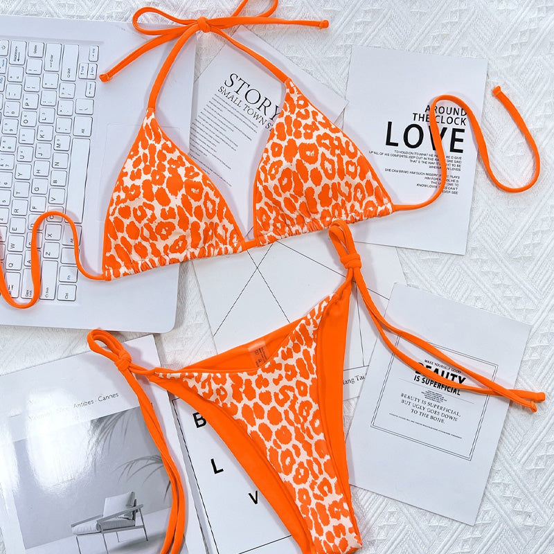 Leopard print two-piece backless swimsuit