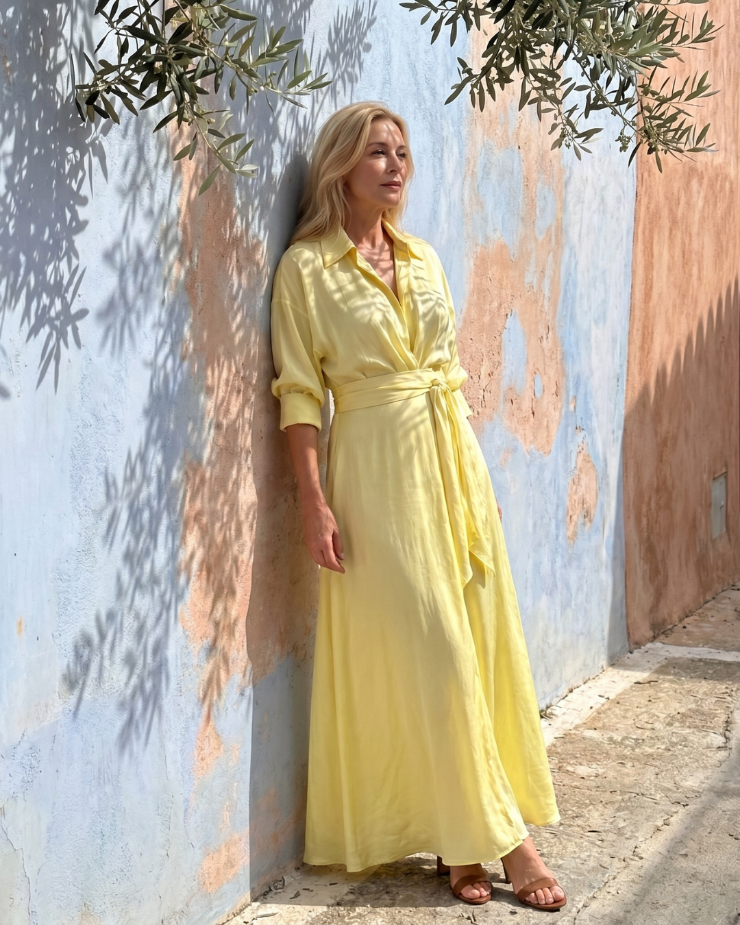 Treise | Belted Collared Long-Sleeve Midi Dress