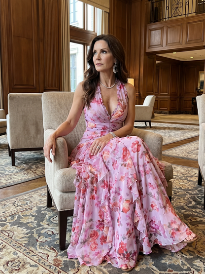 Rós | Halter Neck Ruched Bodice Floral Maxi Dress