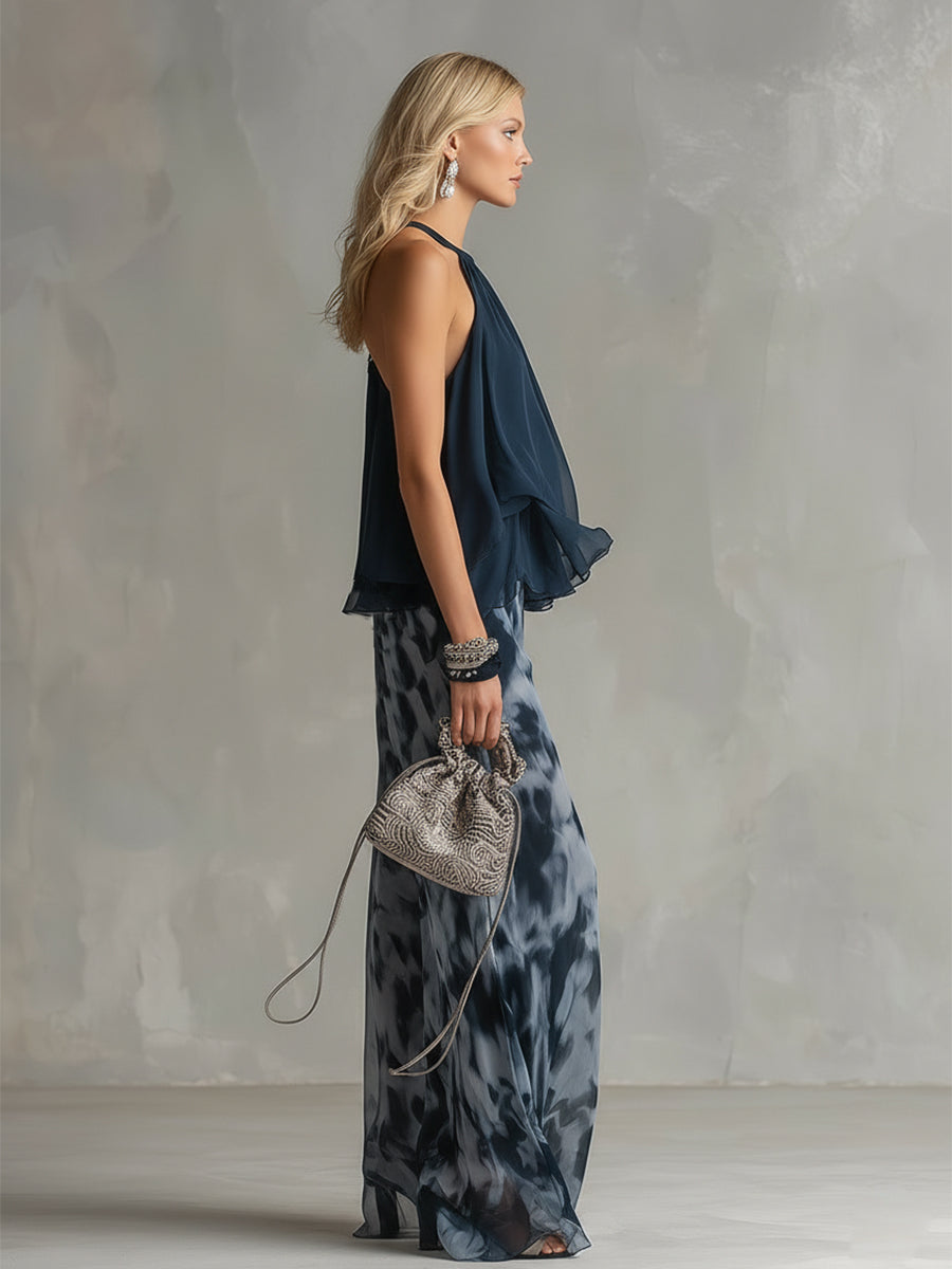 Flidais | Chiffon Set with High-Neck Top and Wide-Leg Trousers