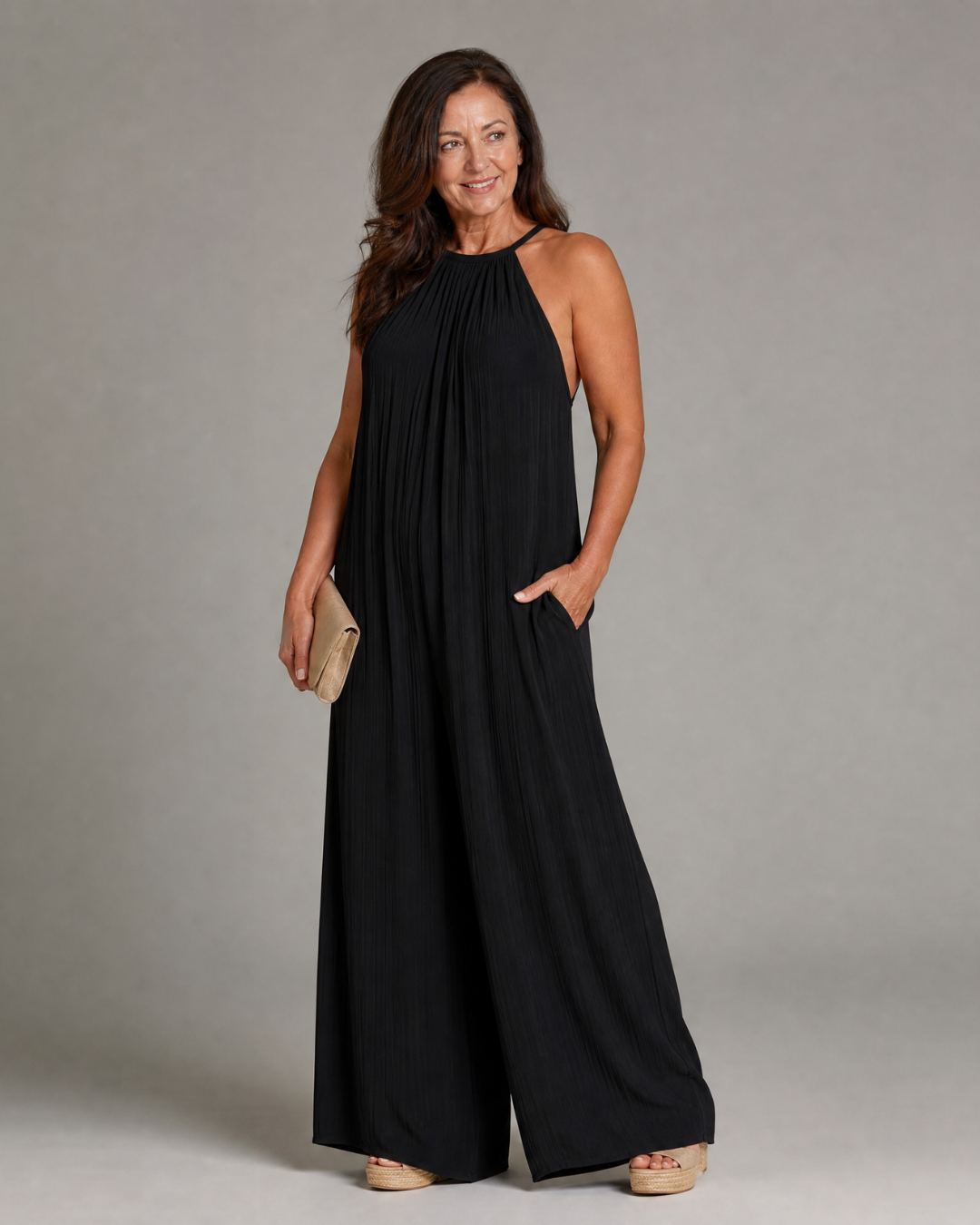 Ríonnat | Pleated Halter Wide-Leg Jumpsuit