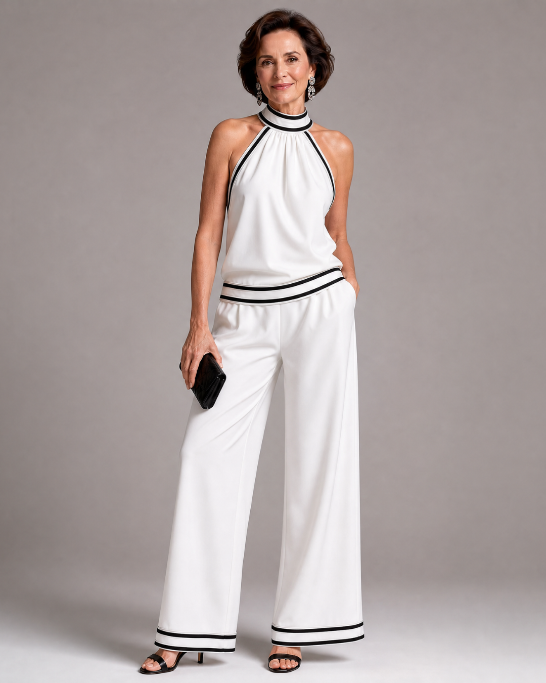 Aoibhlinn | Contrast-Trim Halter Wide-Leg Jumpsuit