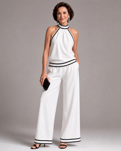 Aoibhlinn | Contrast-Trim Halter Wide-Leg Jumpsuit