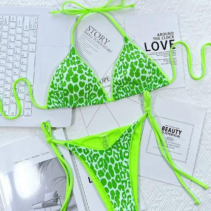 Leopard print two-piece backless swimsuit