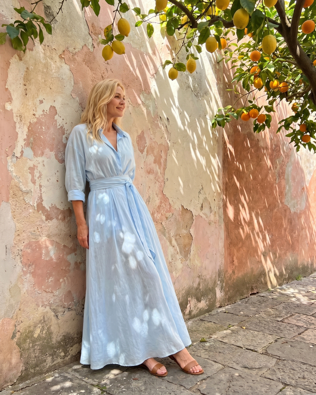 Treise | Belted Collared Long-Sleeve Midi Dress