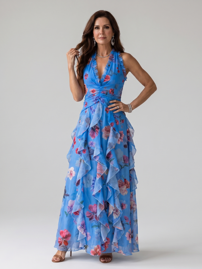 Rós | Halter Neck Ruched Bodice Floral Maxi Dress
