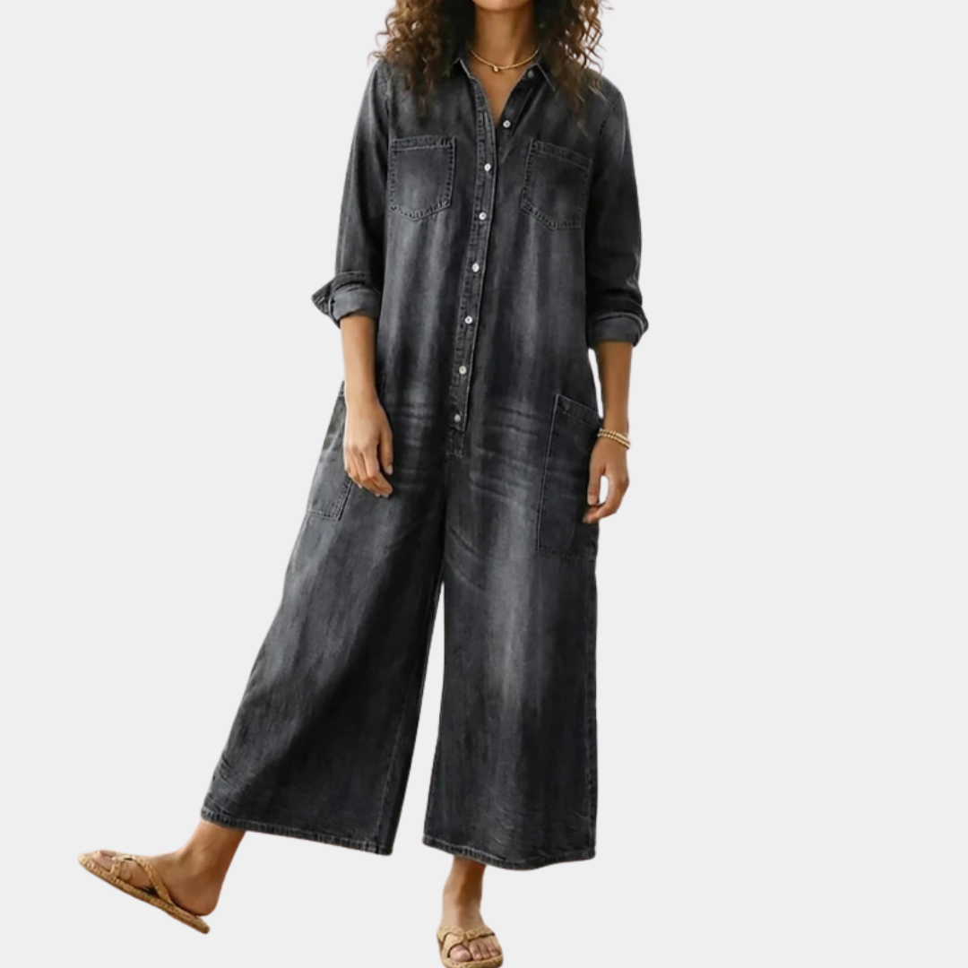 Bríd | Vintage Washed Soft Cotton Denim Jumpsuit with Button Closure