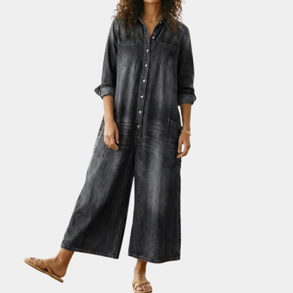Bríd | Vintage Washed Soft Cotton Denim Jumpsuit with Button Closure