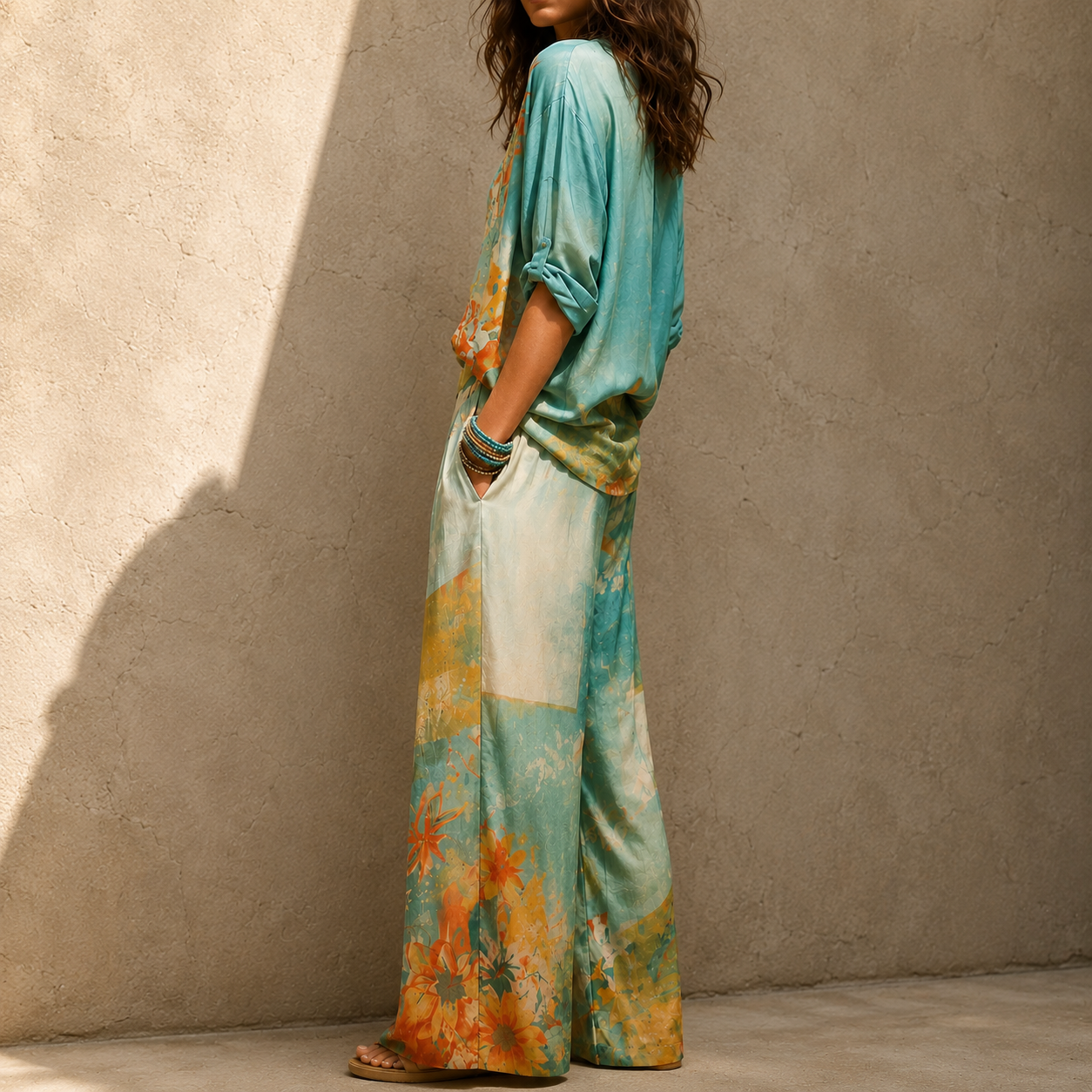 Ébliu | Elegant floral-print outfit with wide-leg pants