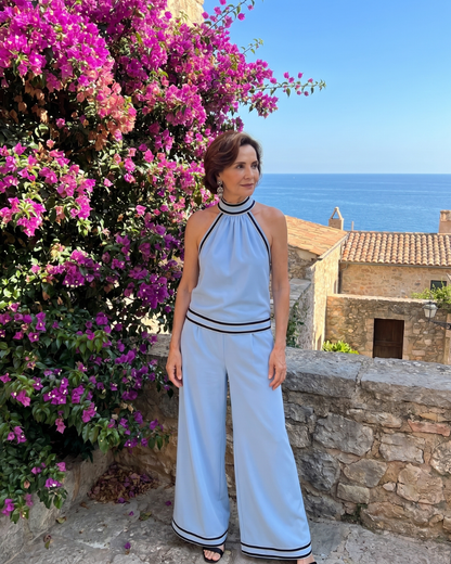 Aoibhlinn | Contrast-Trim Halter Wide-Leg Jumpsuit
