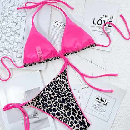 Leopard print two-piece backless swimsuit