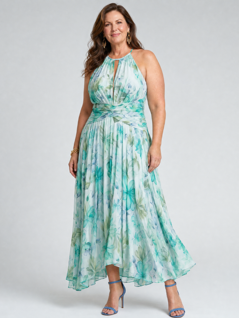 Banba | Pleated Halter Soft Floral Pattern Midi Dress