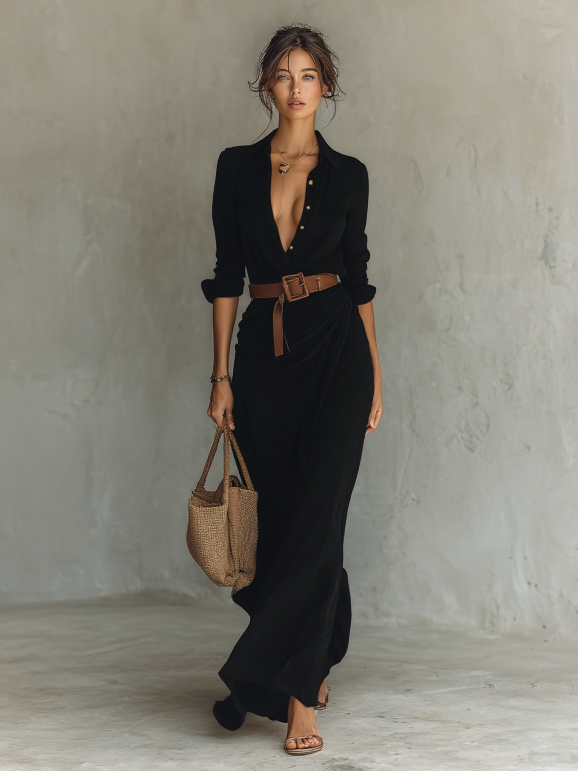 Cathach | Lapel Collar Maxi Dress with Long Sleeves