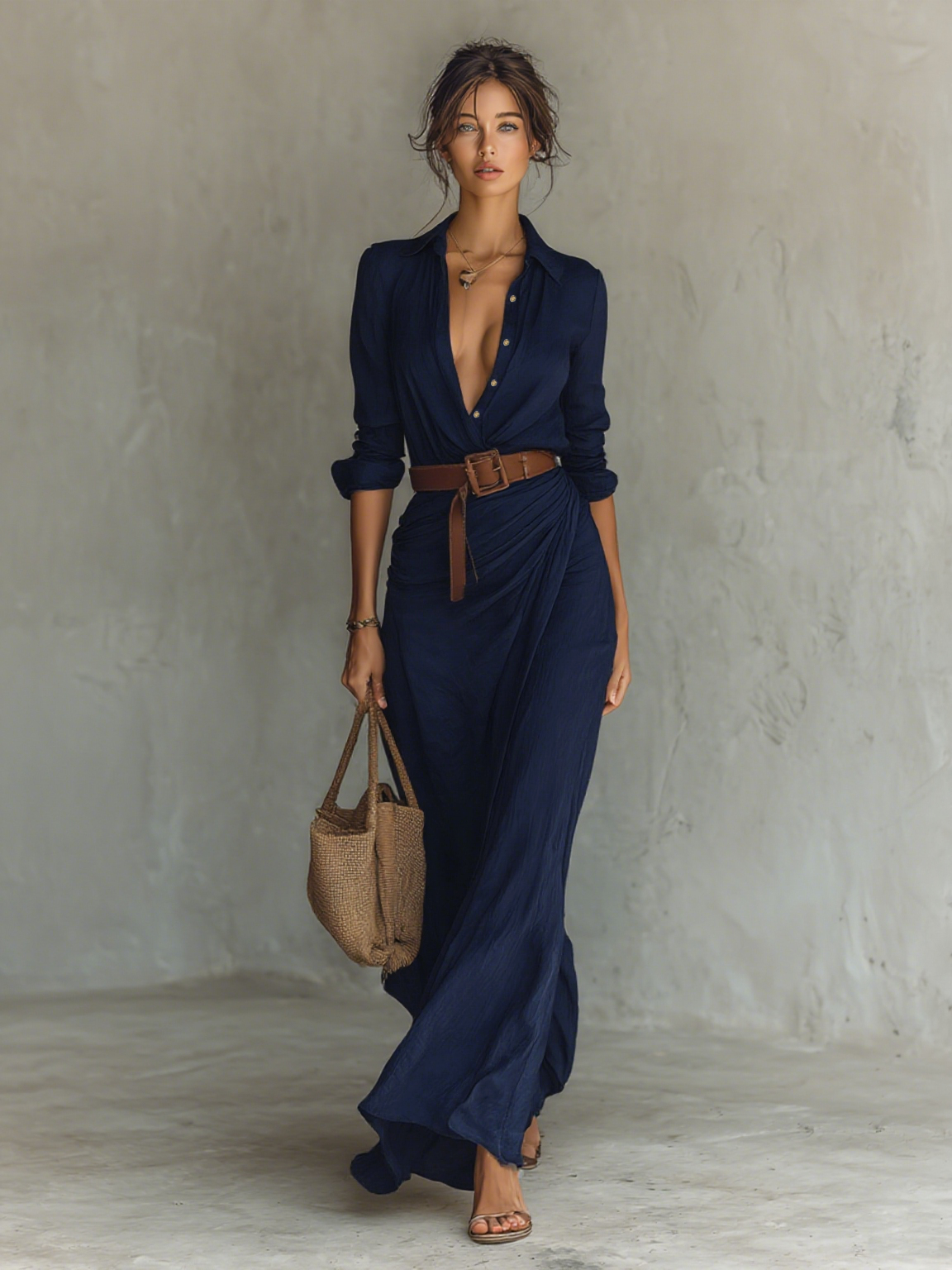 Cathach | Lapel Collar Maxi Dress with Long Sleeves