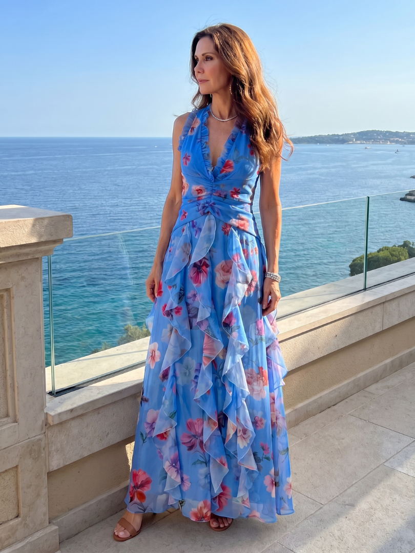 Rós | Halter Neck Ruched Bodice Floral Maxi Dress