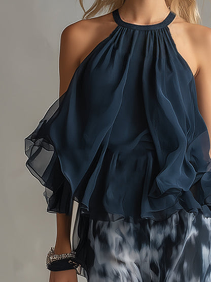 Flidais | Chiffon Set with High-Neck Top and Wide-Leg Trousers