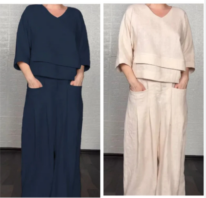 Aoibheann | Cotton-Linen V-Neck Two-Piece Set
