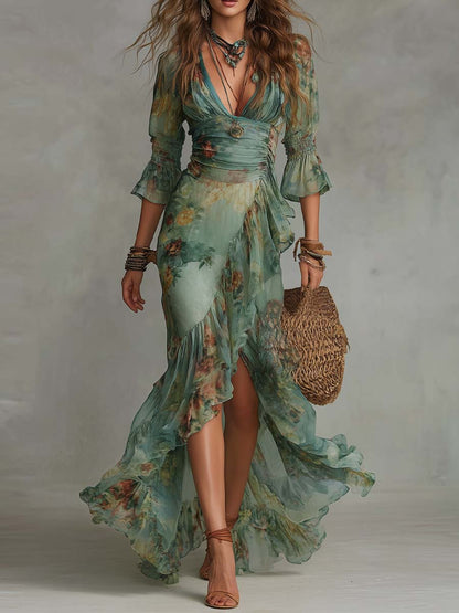 Becfola | Boho Floral Maxi Dress with Asymmetric Hem