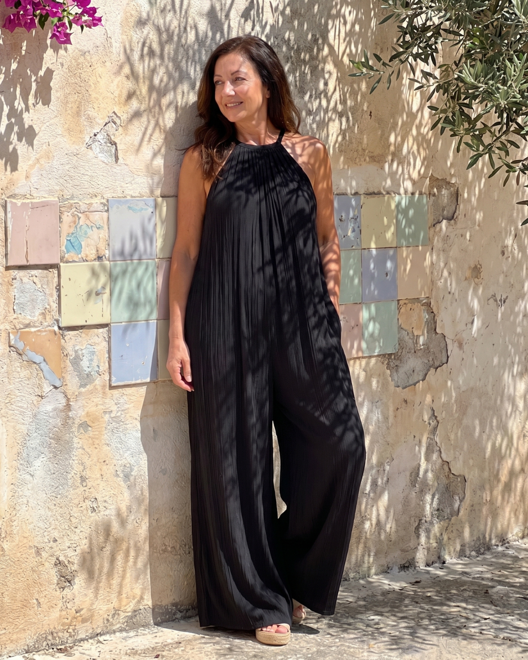 Ríonnat | Pleated Halter Wide-Leg Jumpsuit