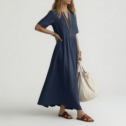 Méabh™ - Long V-Neck Cotton Dress with Summer Ease