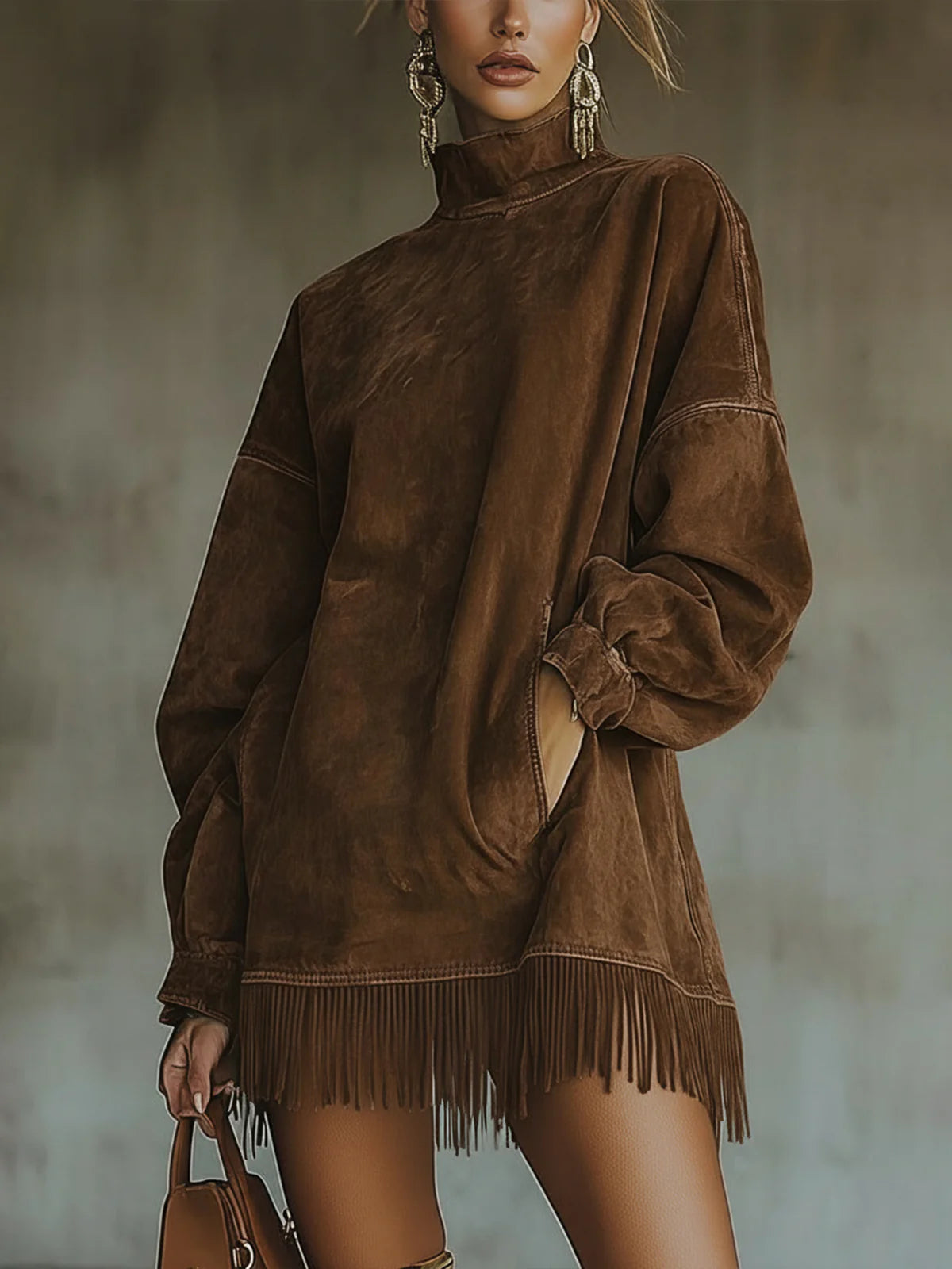 Órnait | High-Neck Suede Fringe Dress