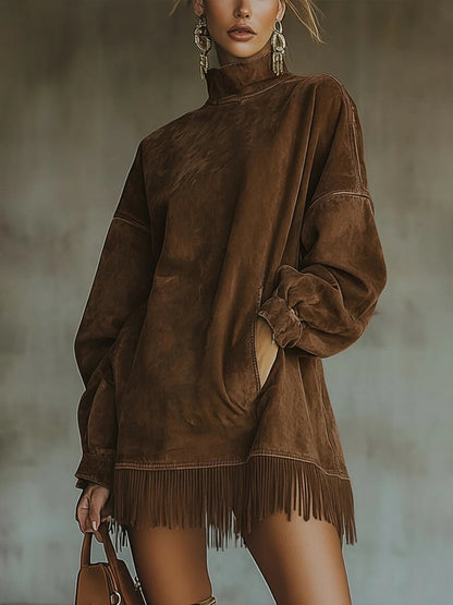 Órnait | High-Neck Suede Fringe Dress