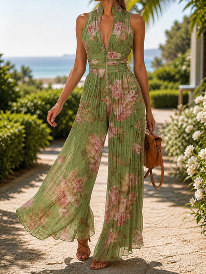 Dechtire | Floral Chiffon Wide-Leg Jumpsuit