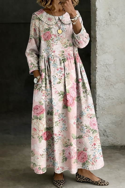 Robe en jean avec col fleuri pour femme | Robe chemise classique