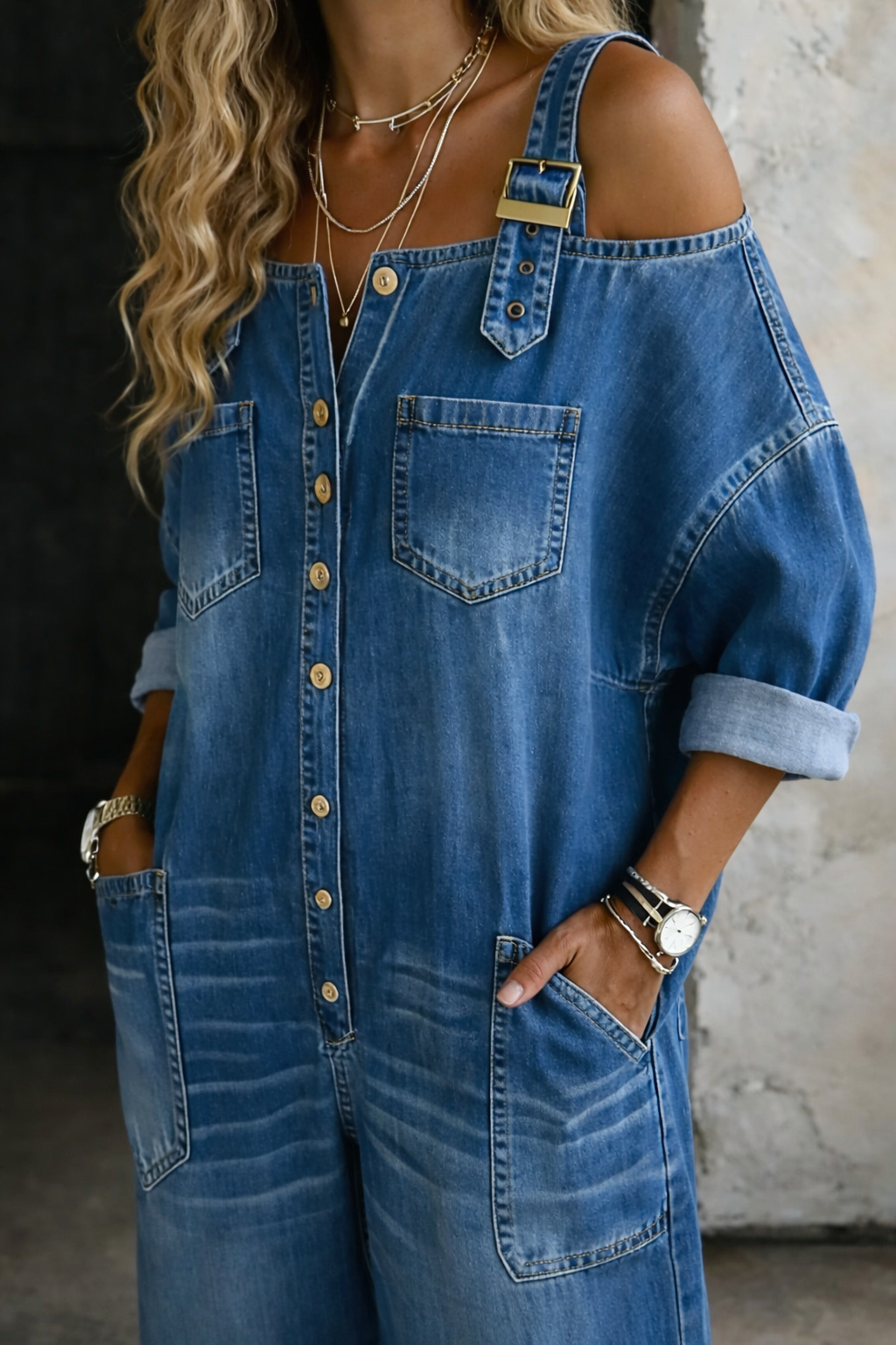 Aoife - Off Shoulder Denim Jumpsuit