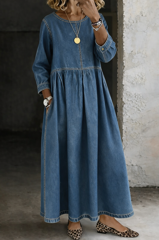 Caoimhe | Round Neck Long Sleeve Denim Dress
