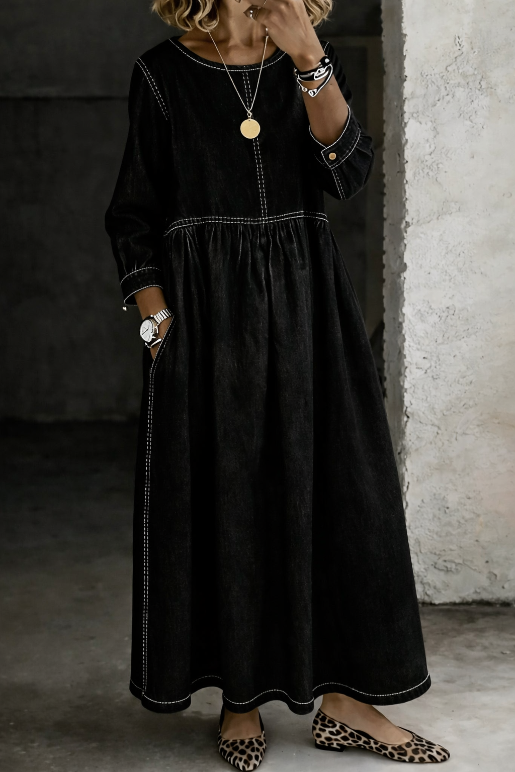 Caoimhe | Round Neck Long Sleeve Denim Dress