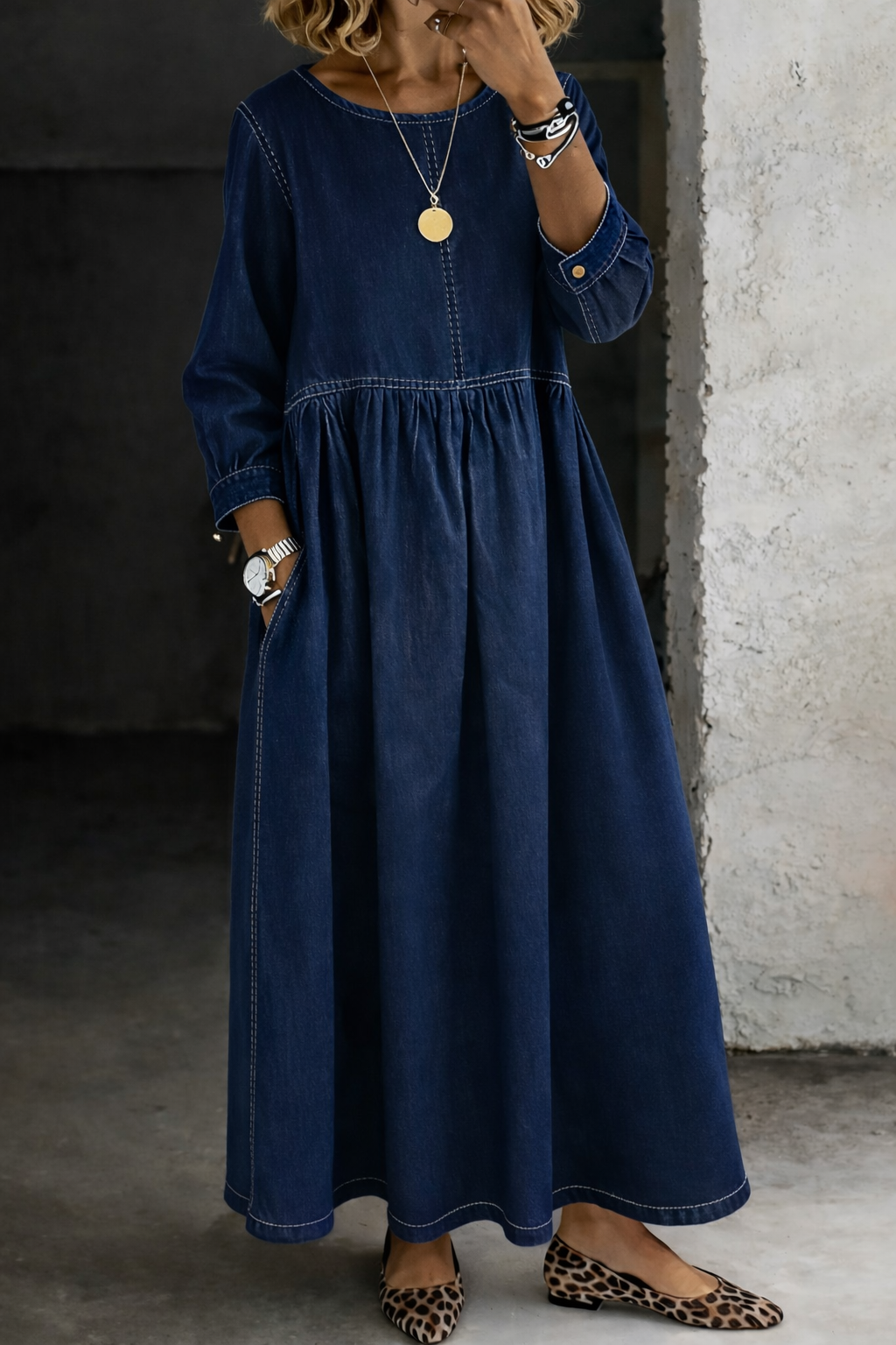 Caoimhe | Round Neck Long Sleeve Denim Dress