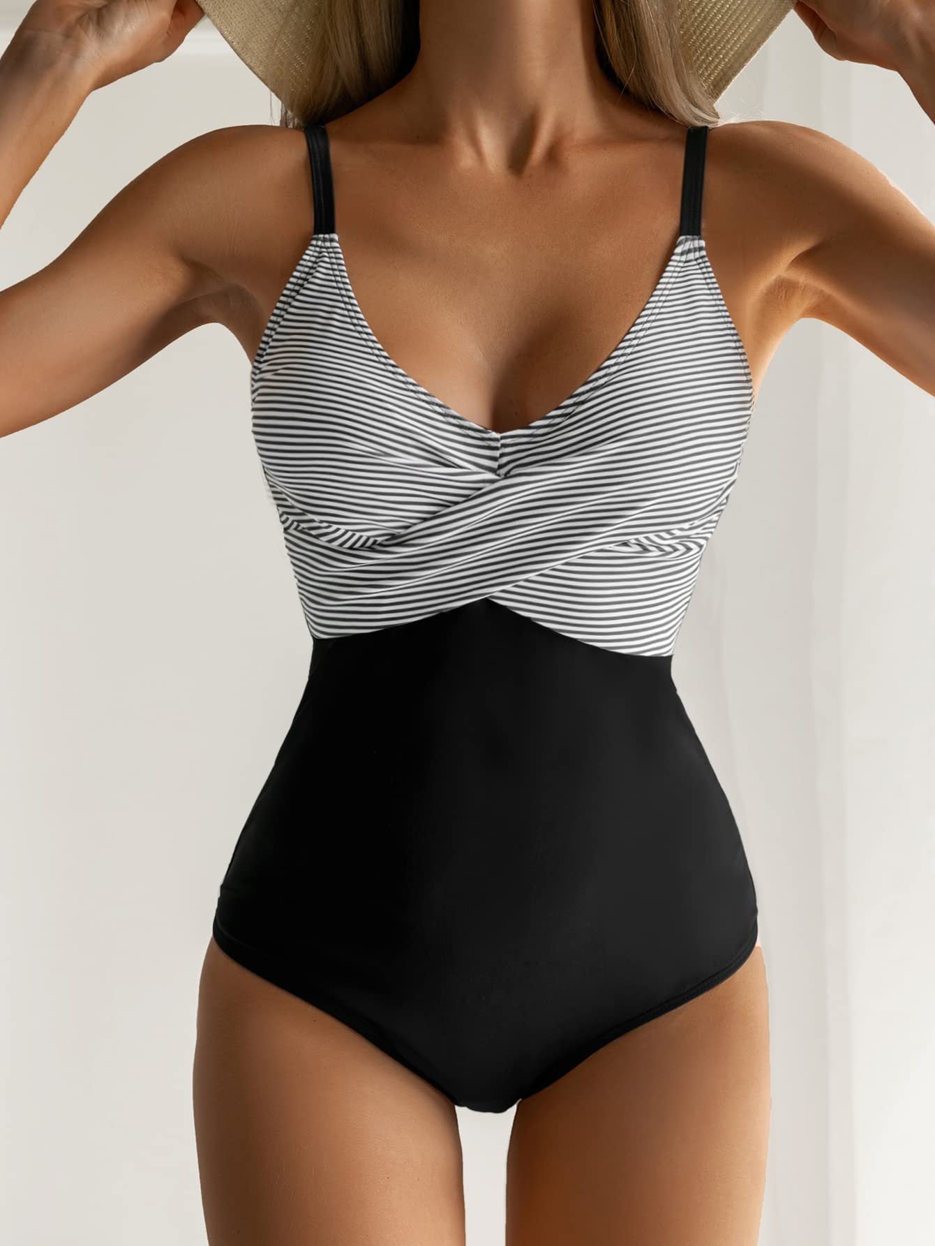 Striped or checked one-piece swimsuit