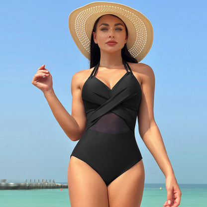 One-Piece Sculpting Swimsuit with Criss-Cross and Tulle