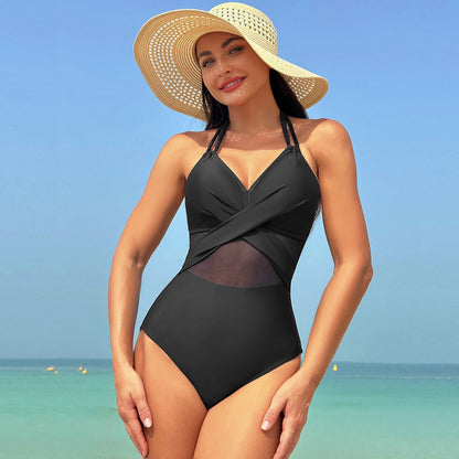 One-Piece Sculpting Swimsuit with Criss-Cross and Tulle