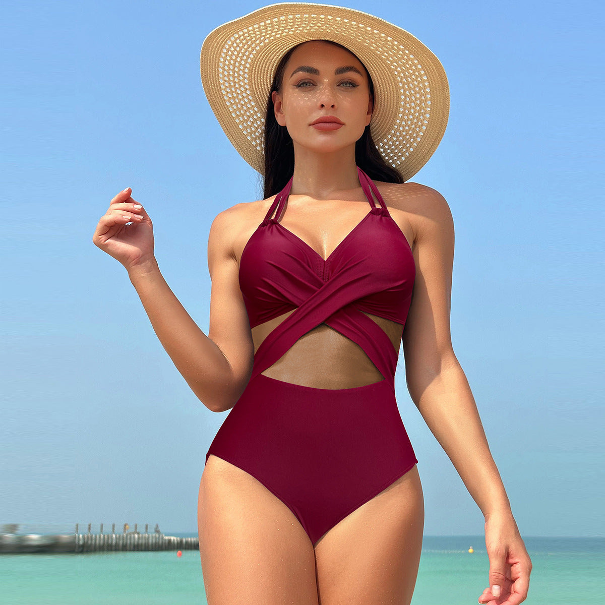 One-Piece Sculpting Swimsuit with Criss-Cross and Tulle